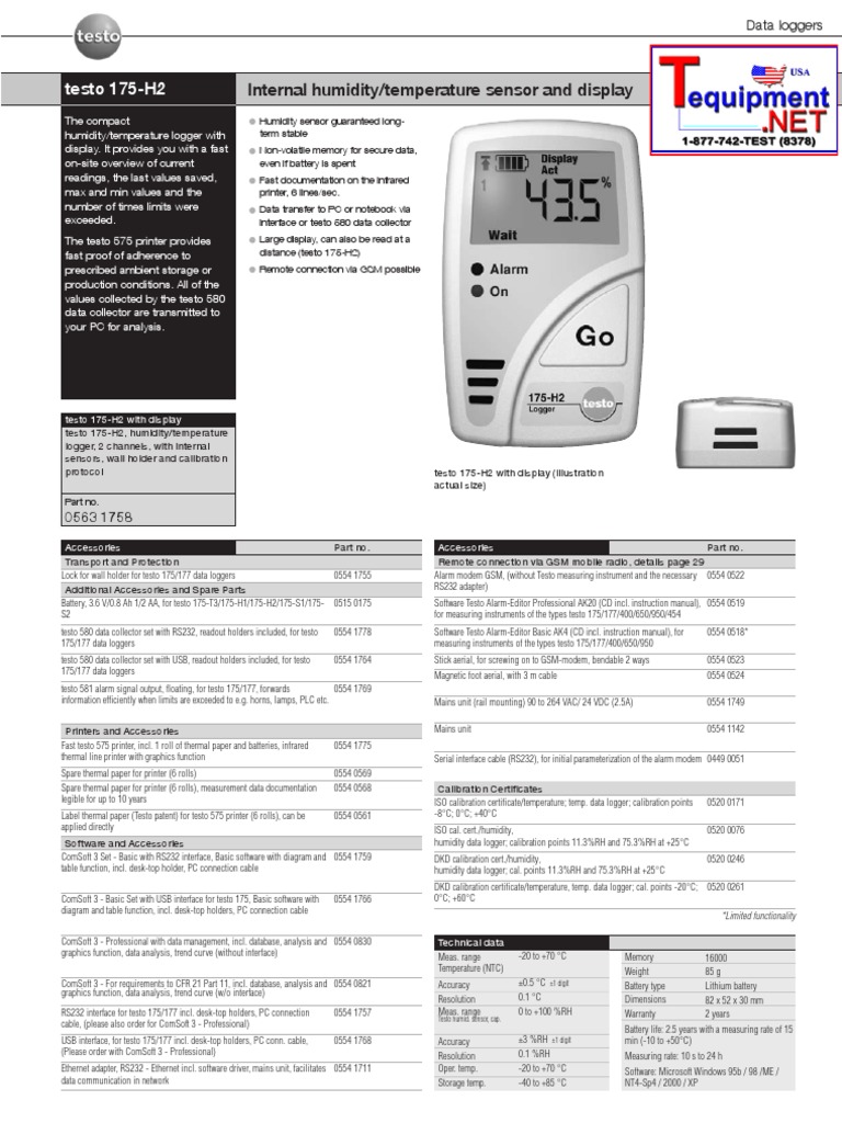 Testo 175-H2: Internal Humidity/temperature Sensor and Display | PDF ...