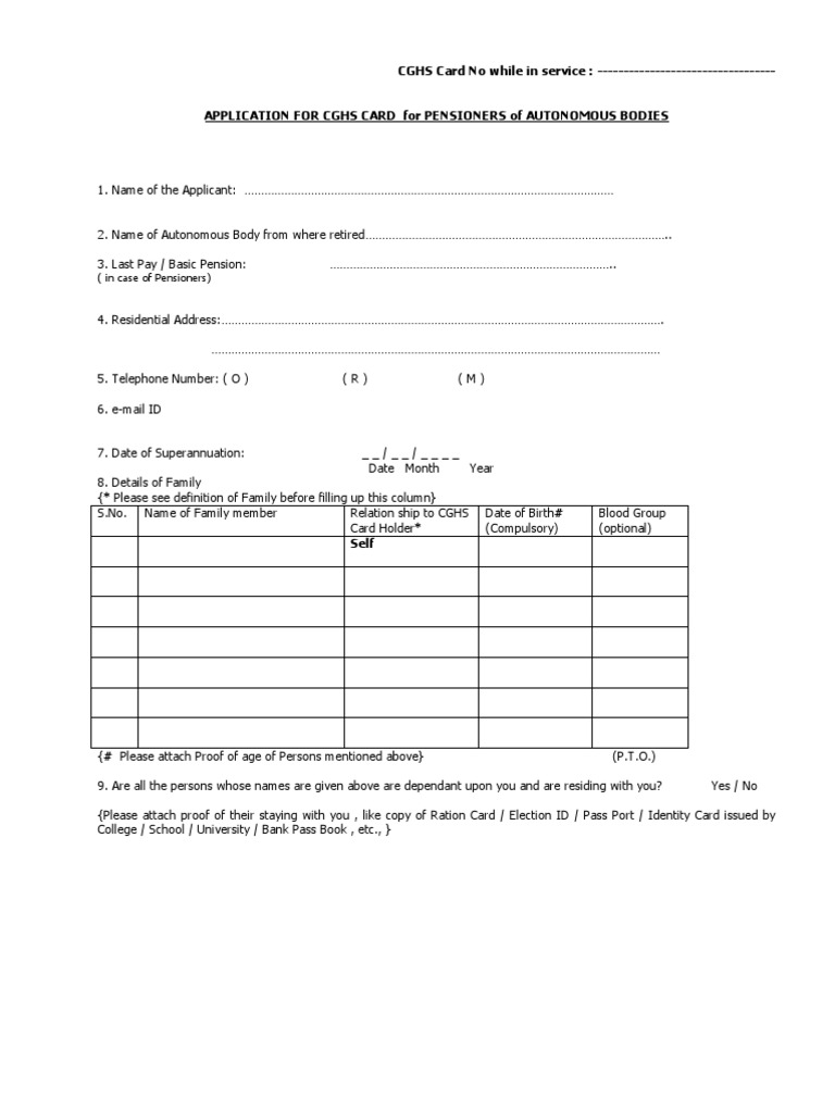 CGHS Card Application for Pensioners | PDF | Identity Document | Wife
