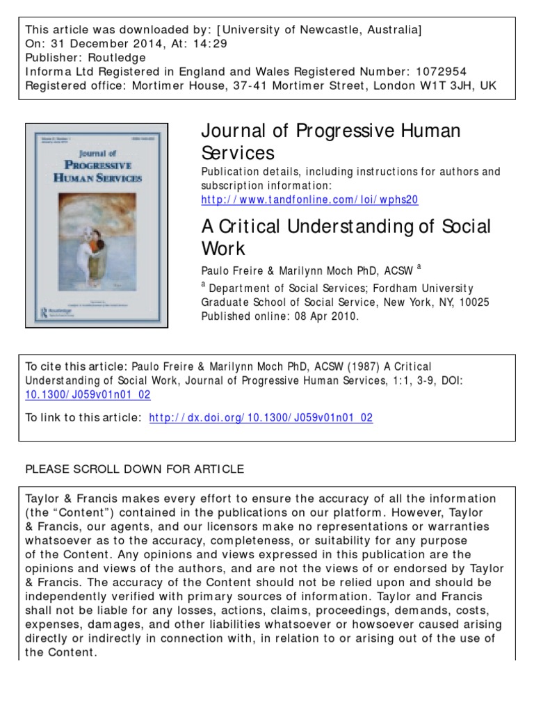 Journal Of Progressive Human Services To Cite This Article Paulo Freire Marilynn Moch Phd Acsw 1987 A Critical Social Work Cognition