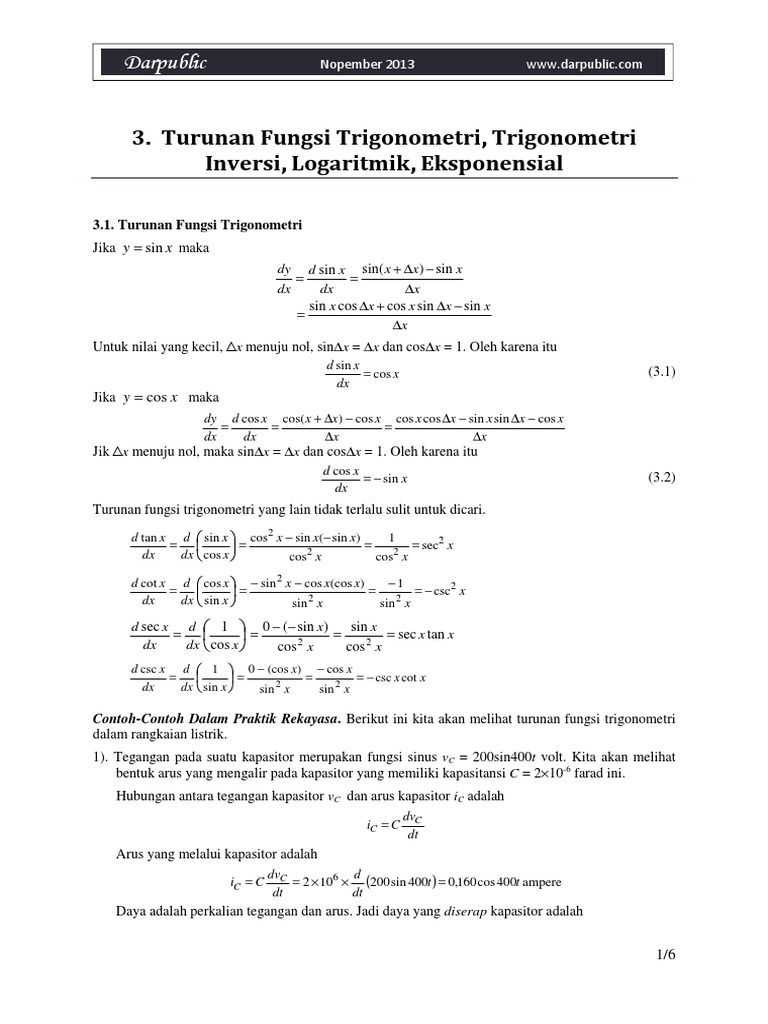 II 3 Turunan Fungsi Trigonometri Logaritmik Eksponensial PDF | PDF