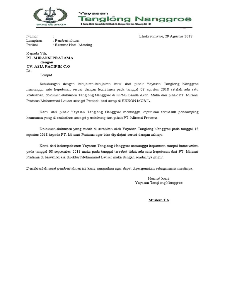 Resume Hasil Pertemuan Yayasan dan PT. Miransi | PDF