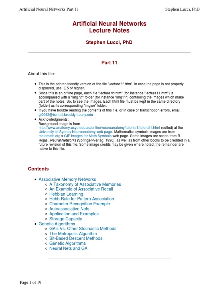 Artificial Neural Networks Lecture Notes: Stephen Lucci, PHD | PDF ...
