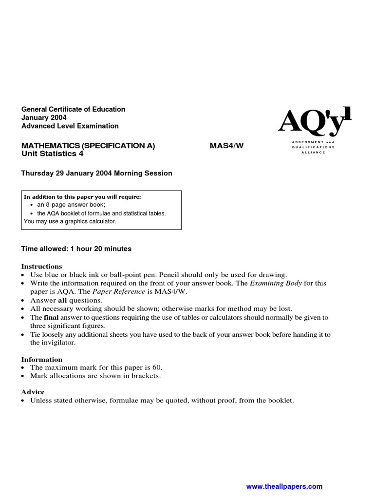 Mathematics (Specification A) MAS4/W Unit Statistics 4 | PDF
