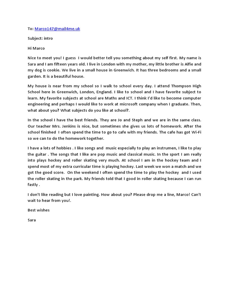 An Introduction Email from Sara: Details about Her Life, Family, School ...