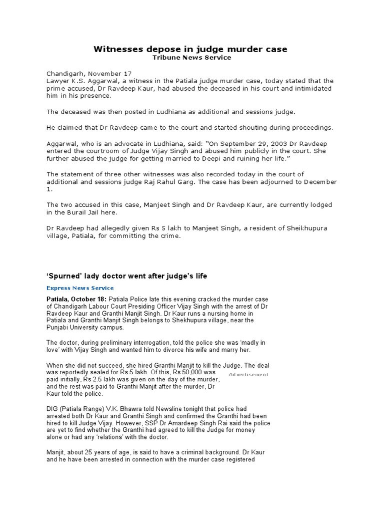 Witnesses Depose in Judge Murder Case PDF Violence Trials