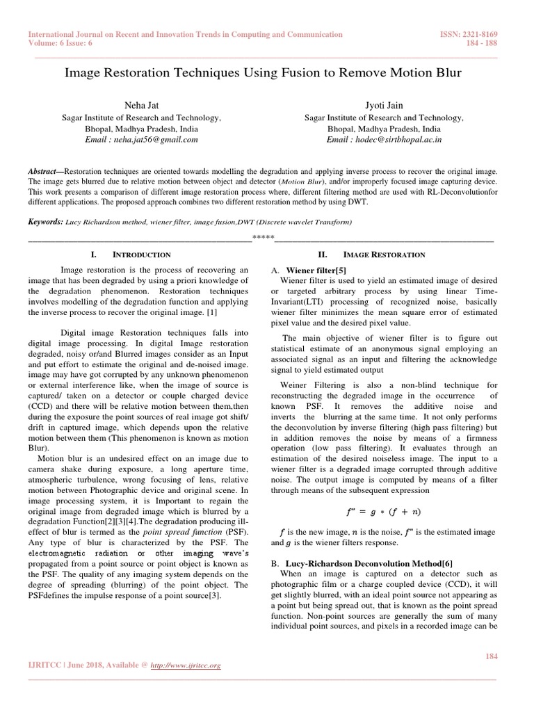 Image Restoration Techniques Using Fusion To Remove Motion Blur PDF