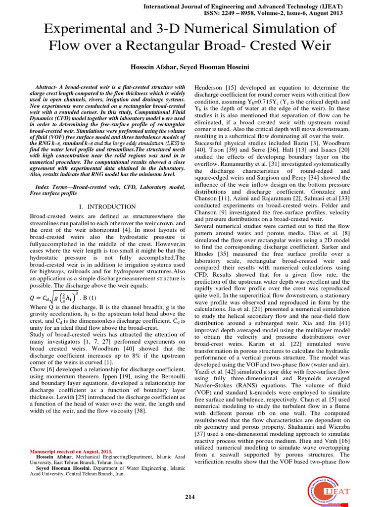 Experimental and 3 D Numerical Simulation of Flow Over A Rectangular ...