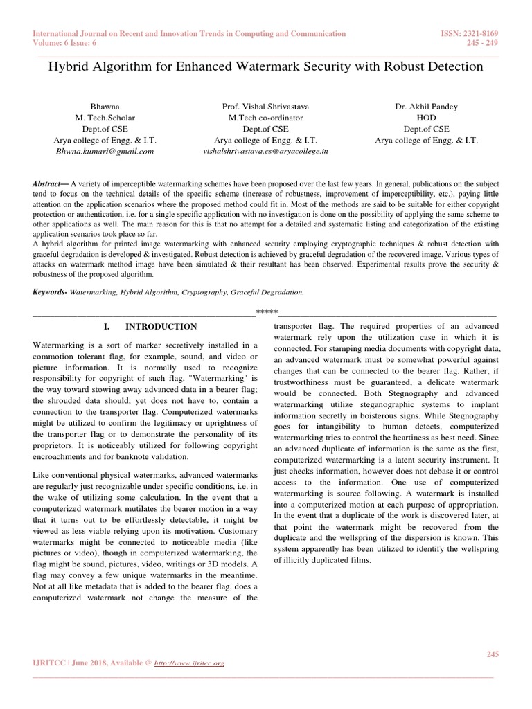 Hybrid Algorithm For Enhanced Watermark Security With Robust Detection ...