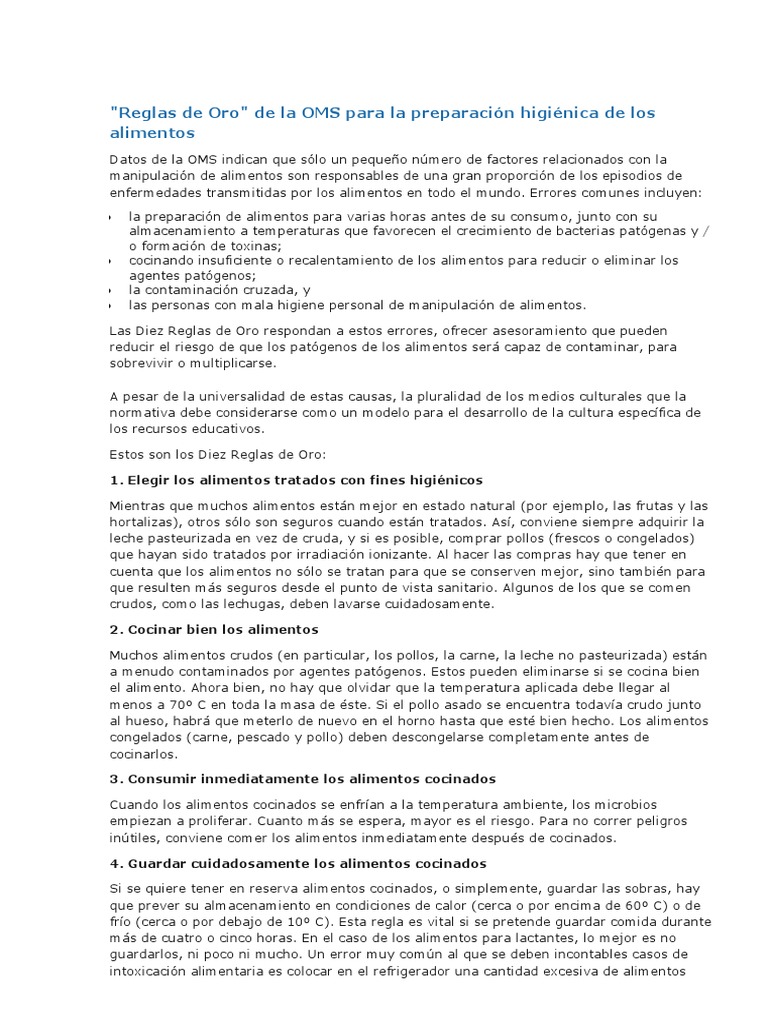 Reglas de Oro para la Higiene Alimentaria | PDF | Carne | Alimentos