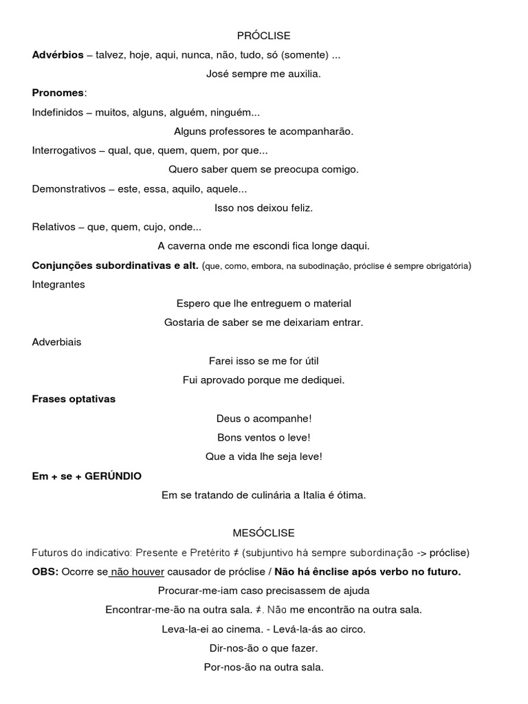 Regras de Próclise, Ênclise e Mesóclise | PDF | Gramática | Tipologia ...