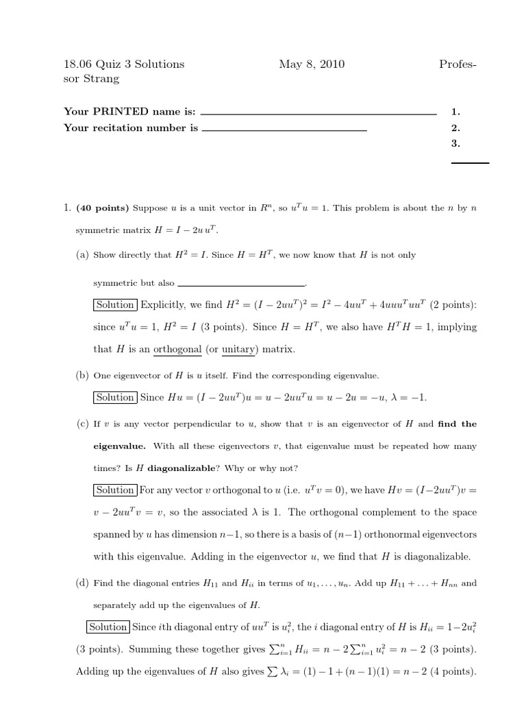 Mit18 06s10 Exam3 S10 Soln Eigenvalues And Eigenvectors Matrix Mathematics