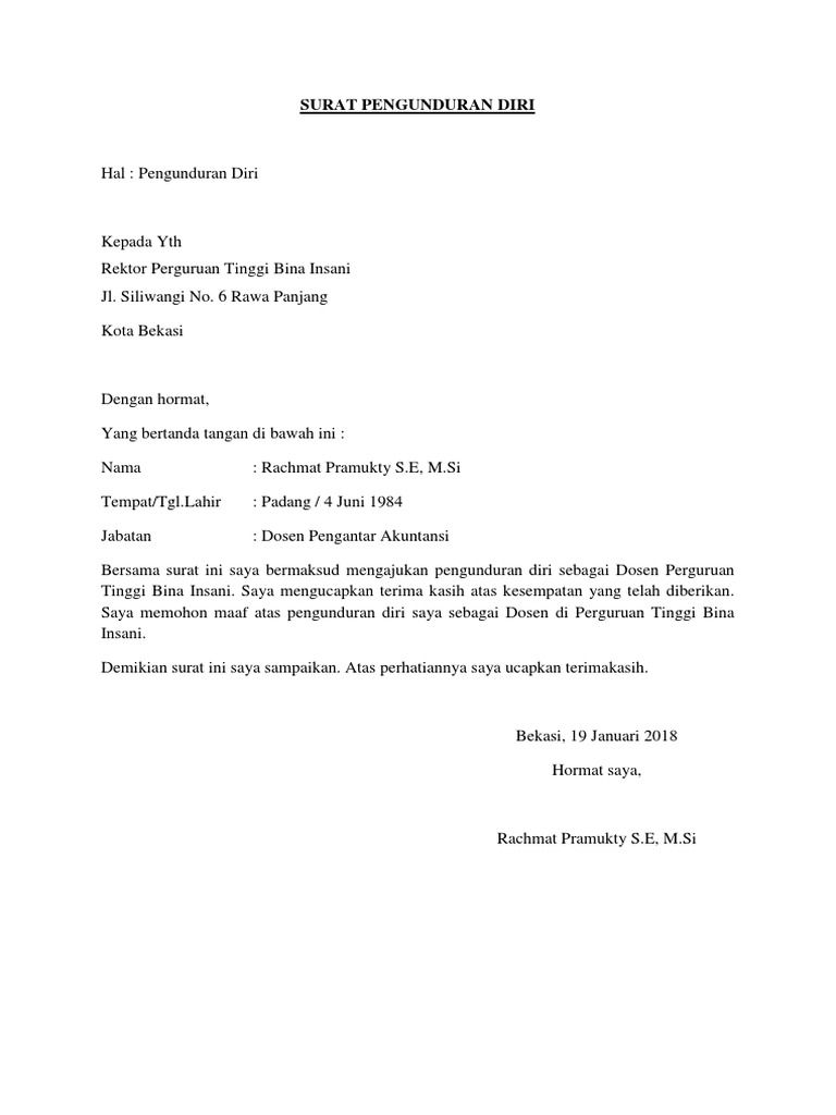 Surat Pengunduran Diri Dosen
