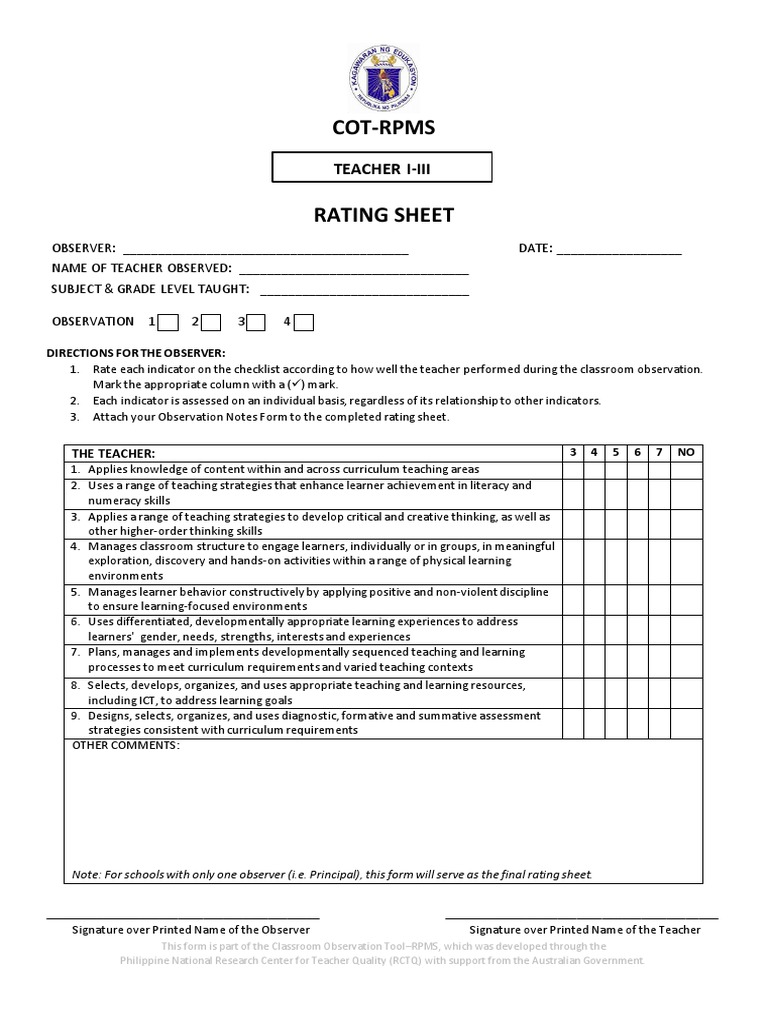 Rating Sheet Teacher I Iii 051018 Teachers Curriculum