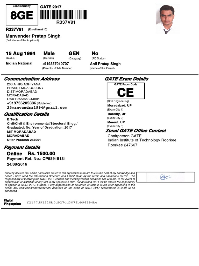 GATE 2017 Application Details for Manvender | PDF | Science And Technology