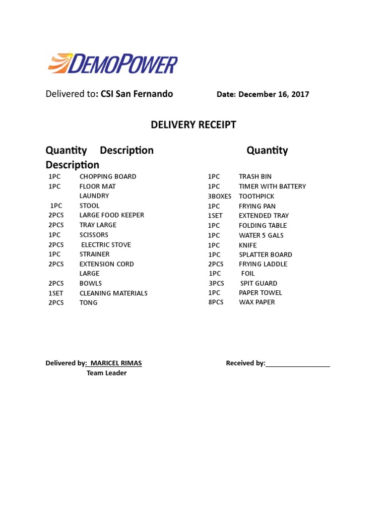 Delivery Receipt Quantity Description Quantity Description PDF