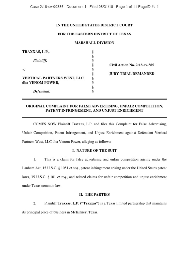 Traxxas v. Vertical Partners West Complaint PDF Patent Claim