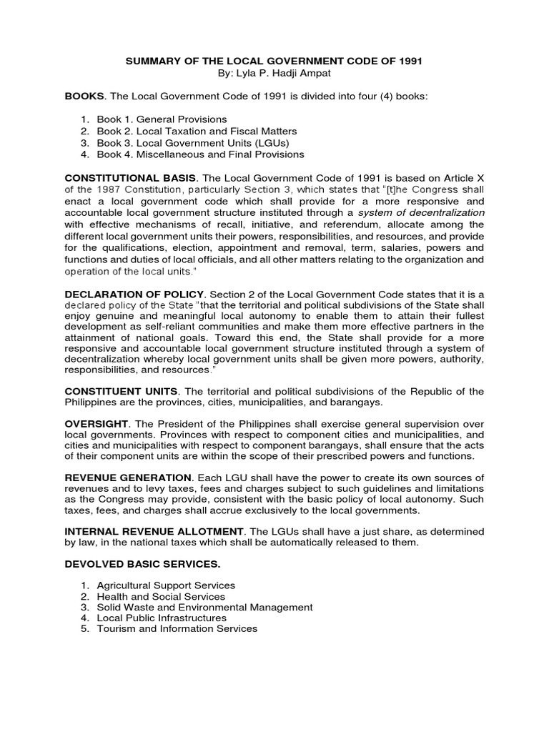 Summary of RA 7160: Local Government Code | PDF | Local Government ...