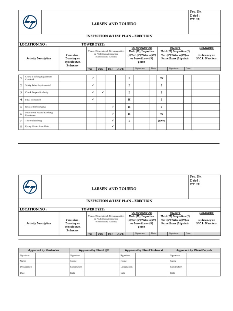 Inspection and Test Plan - Erection | PDF | Quality | Evaluation
