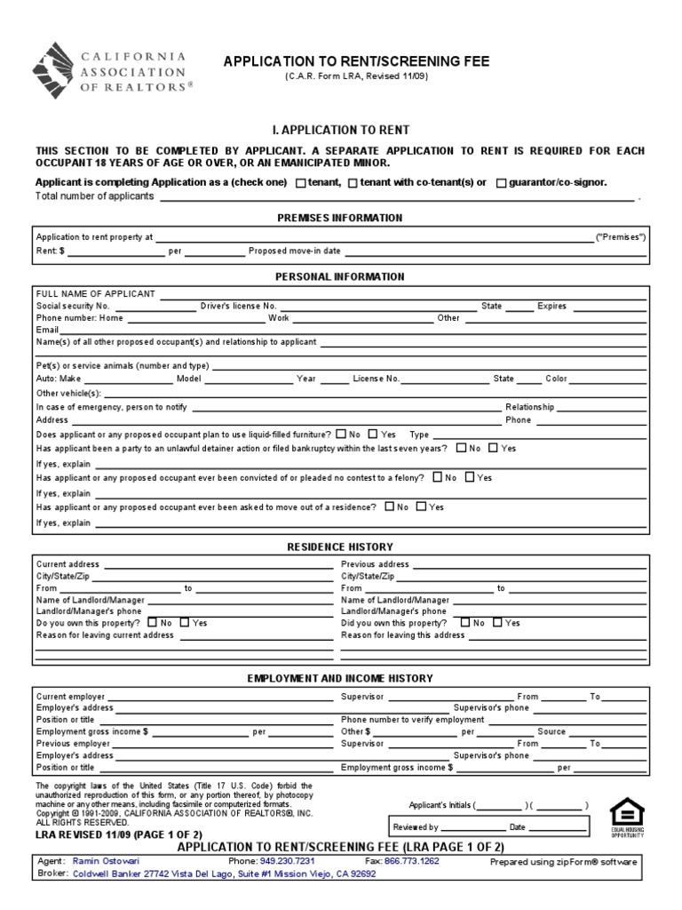 CA Realtors Assoc 2009-Application-to-Rent-Screening-Fee PDF | PDF ...