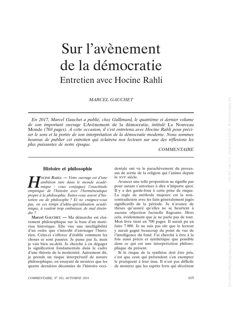 Marcel Gauchet L Avènement De La Démocratie Marcel Gauchet ''Avènement de la démocratie. Entretien avec Hocine