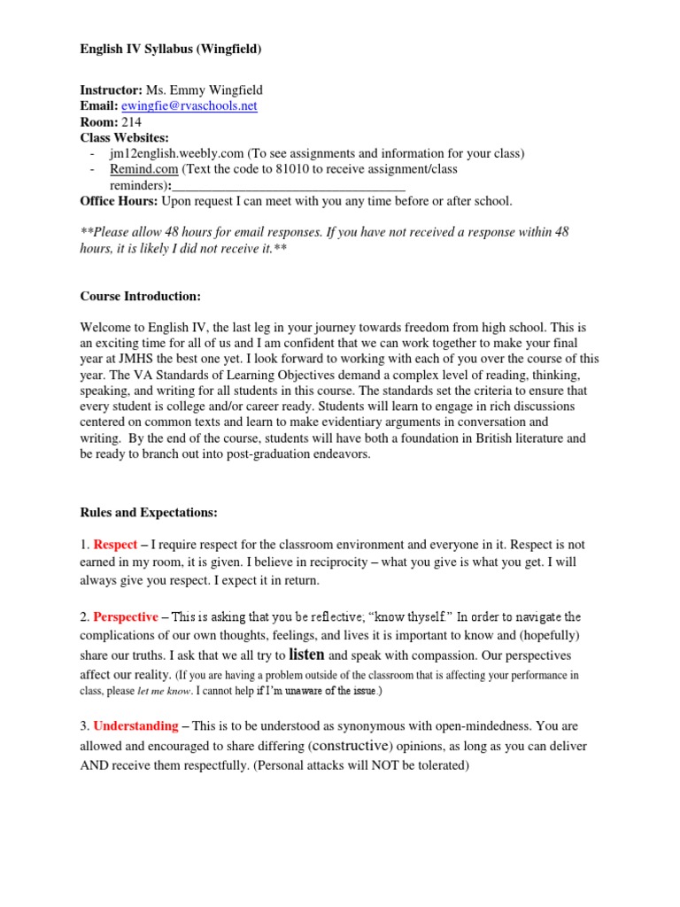English IV Syllabus Rps | PDF | Homework | Education Theory