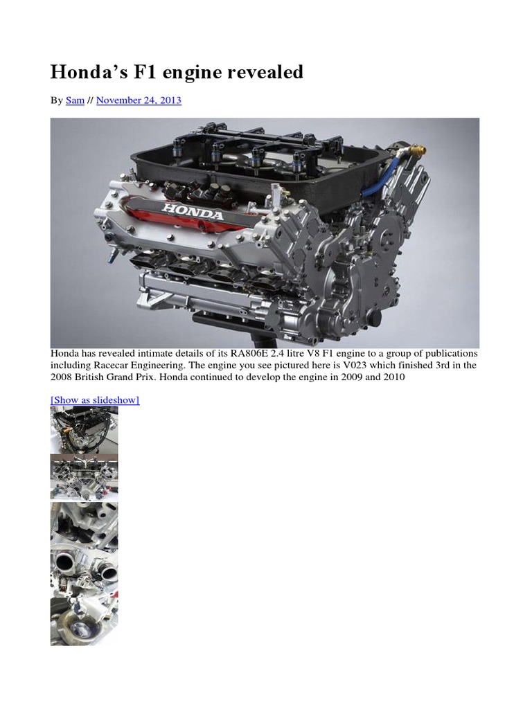 Honda's Intimate Details of its 2006-2008 RA806E 2.4-Liter V8 F1 Engine ...