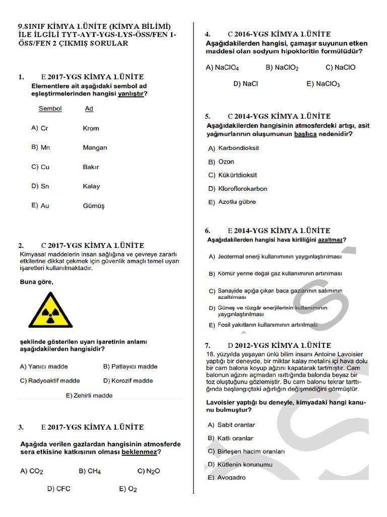 9 Sinif Ki Mya 1 Uni Te Ile Ilgi Li Tyt Ayt Ygs Lys Oss Fen 1 Oss Fen 2 Cikmis Sorular Pdf