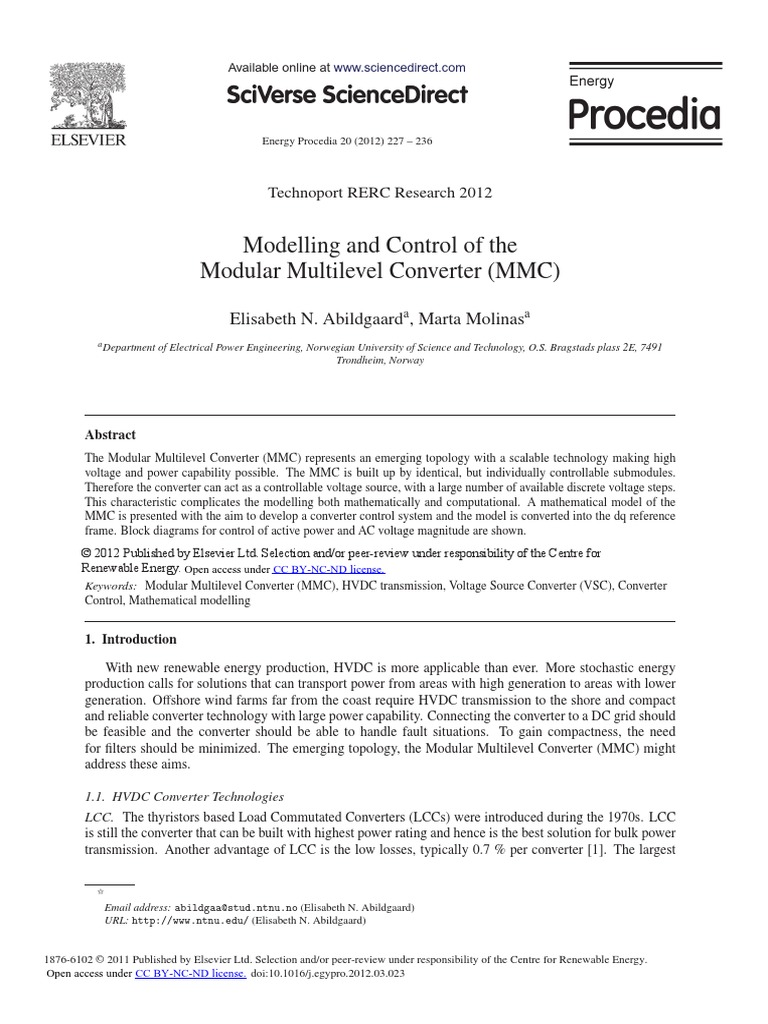 Modelling and Control of The Modular Multilevel Converter (MMC) | PDF ...