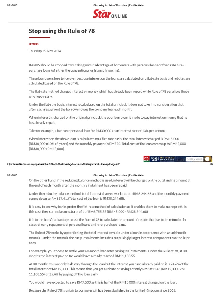 Stop Using The Rule of 78 Letters The Star Online PDF Interest