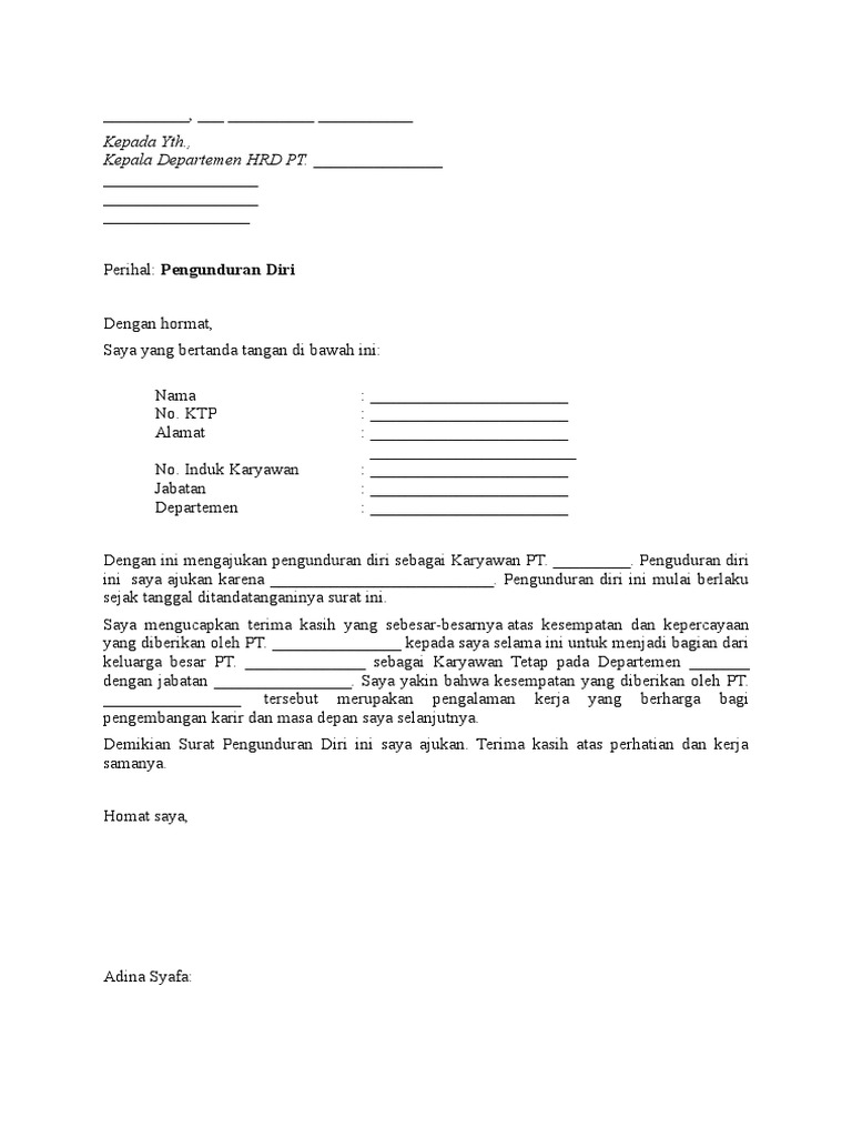 Contoh Surat Pengunduran Diri Karyawan | PDF