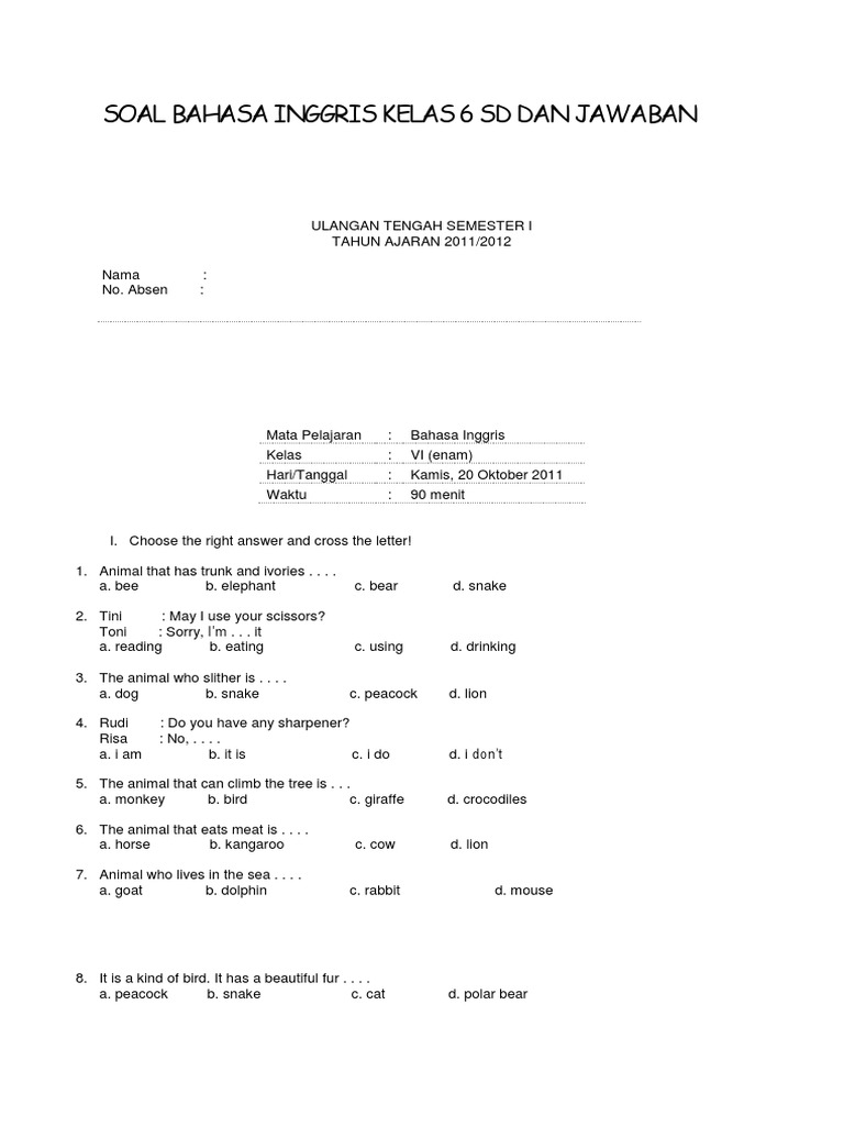 SOAL BAHASA INGGRIS KELAS 6 SD DAN JAWABAN.docx | Clothing | Nature