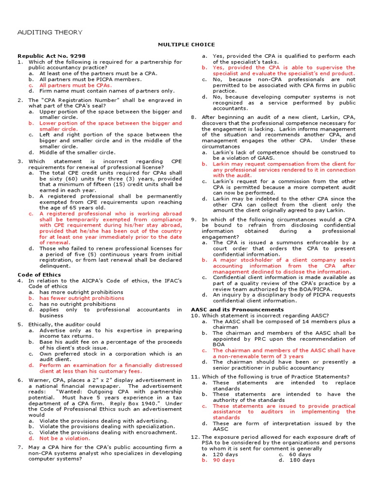 CPA Auditing Theory Multiple Choice Quiz | PDF | Certified Public ...