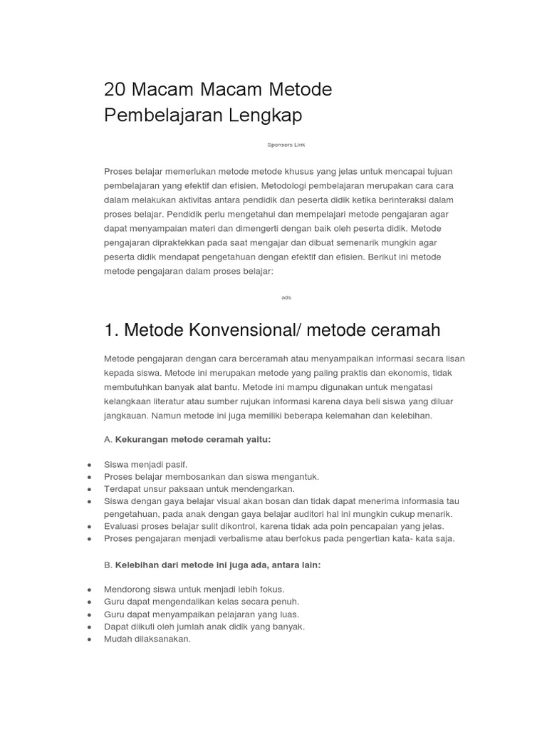 20 Macam Macam Metode Pembelajaran