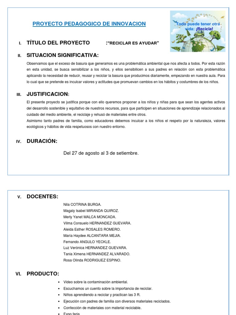 Proyecto de Aprendizaje Reciclaje PDF Maestros Reciclaje