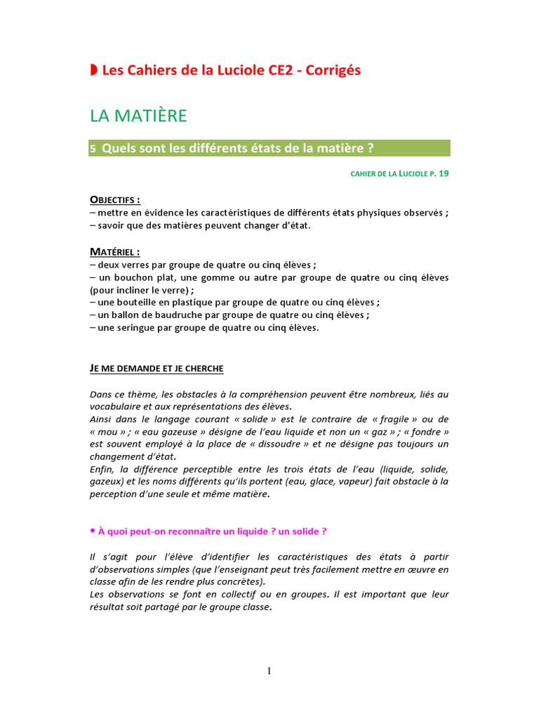 Les Cahiers De La Luciole Ce2 La Matiere Corriges Pdf Cycle De L Eau Inondation