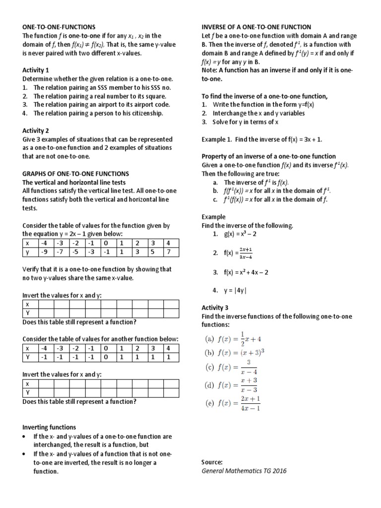 One To One Function Pdf Function Mathematics Algebra