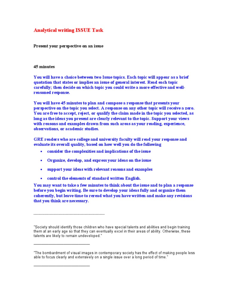 Analytical Writing ISSUE Task: Present Your Perspective On An Issue ...