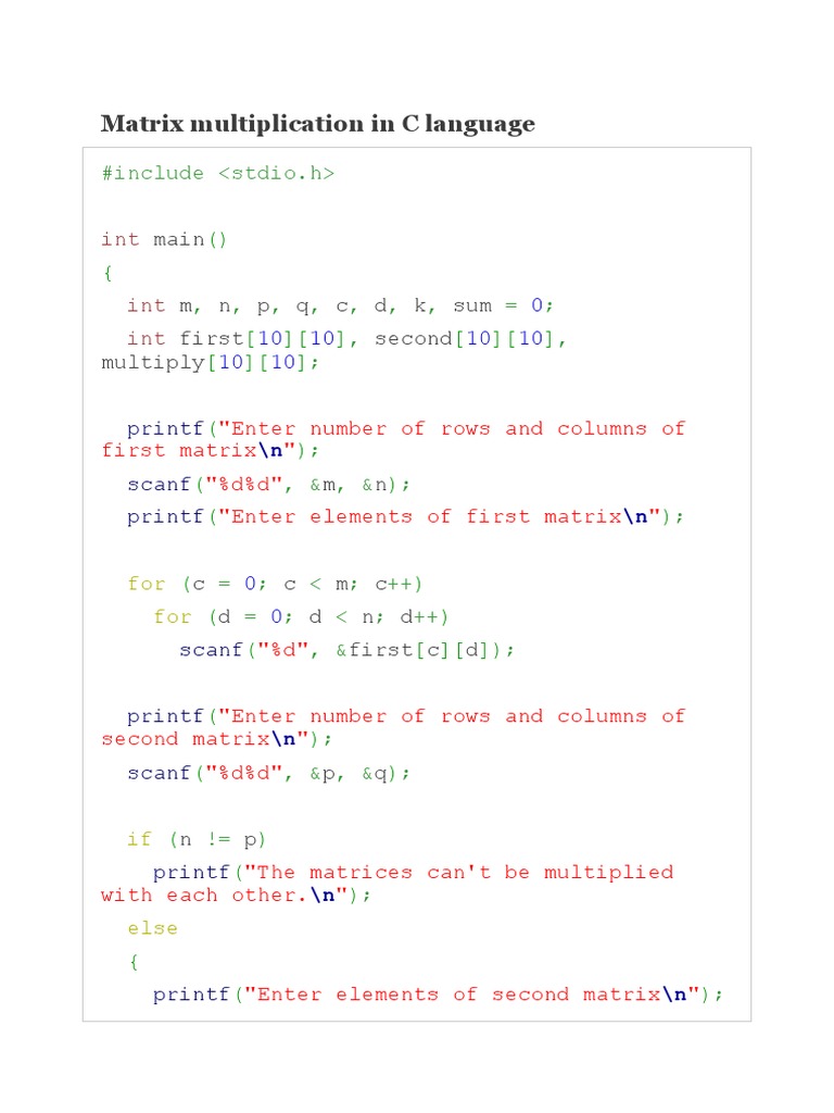 Matrix Multiplication in C Language | PDF | Matrix (Mathematics ...