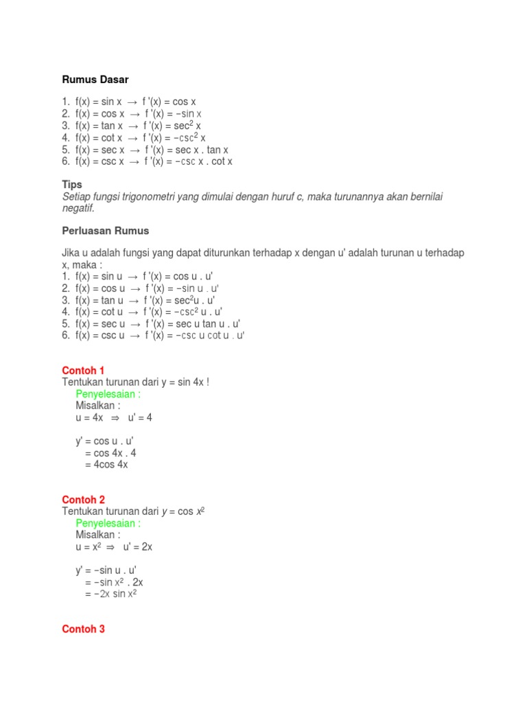 Turunan Fungsi Tigonometri Latihan Soal Pembahsan