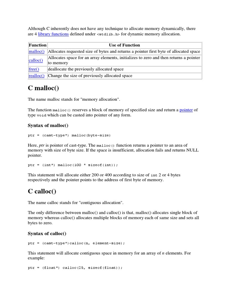 C Malloc : Function Use of Function | PDF | Pointer (Computer ...