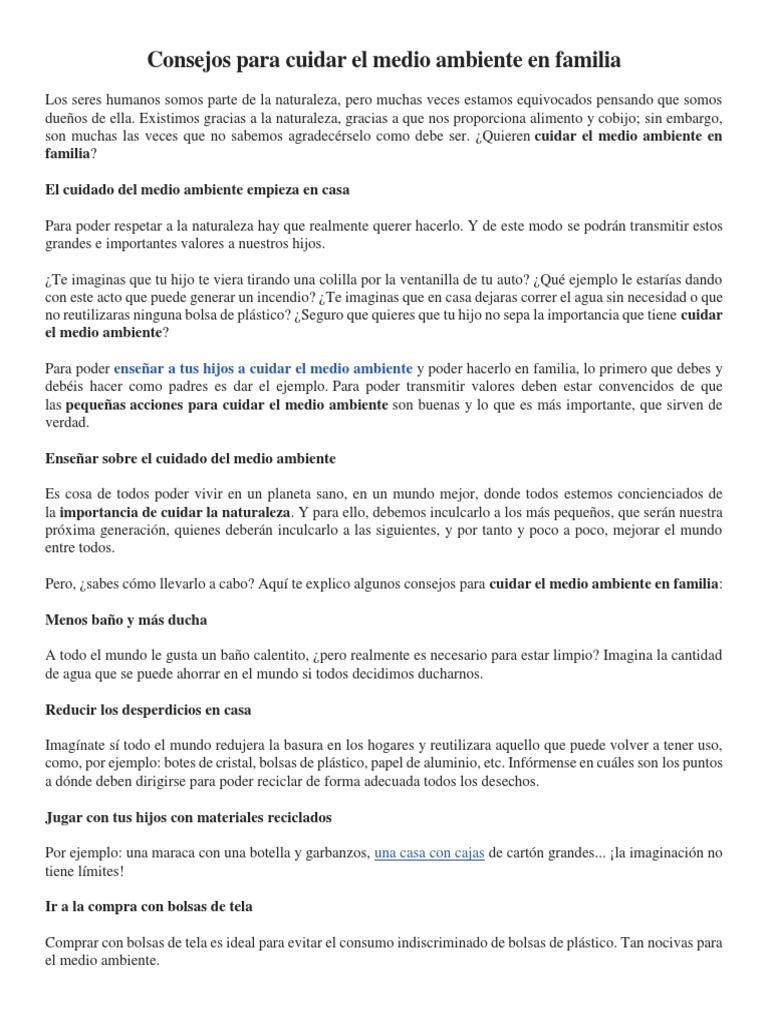Consejos para Cuidar El Medio Ambiente en Familia | PDF | Reciclaje ...
