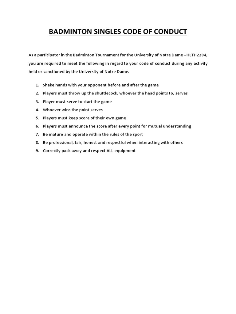 Badminton Singles Code of Conduct PDF