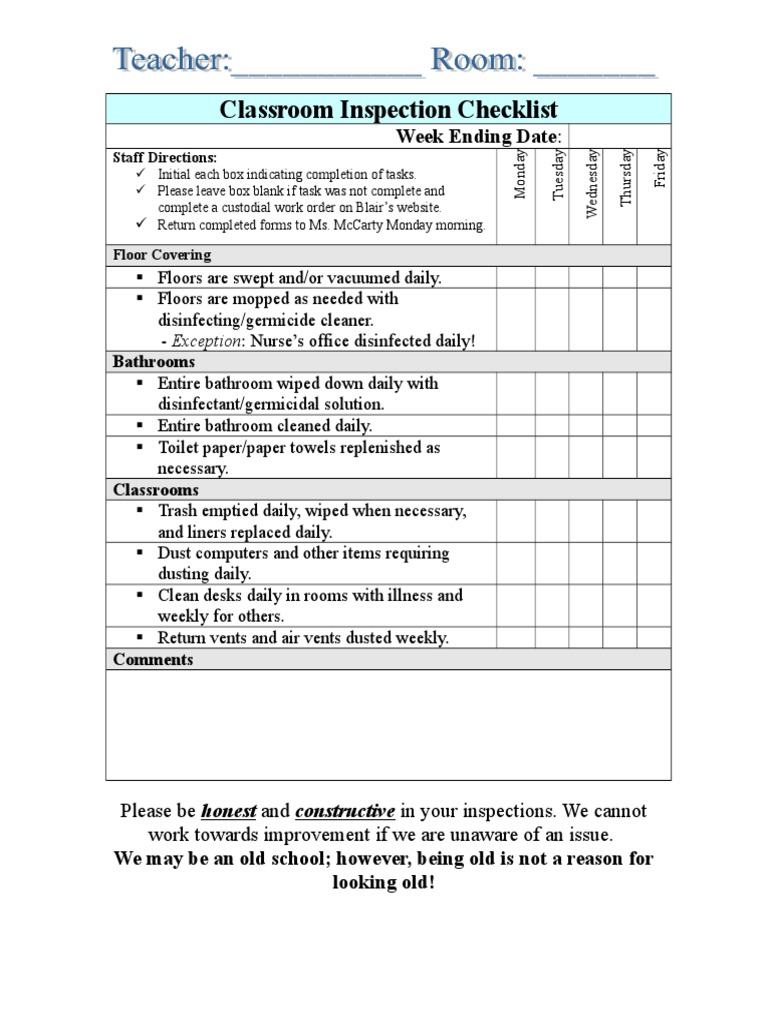 Classroom Inspection Checklist Guide | PDF