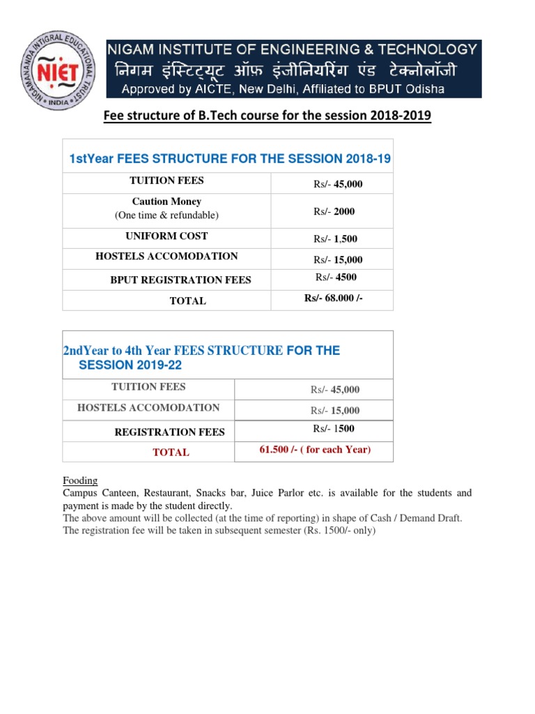 Fee Structure of Btech 2018 | PDF