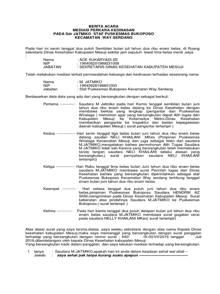 Contoh Berita Acara Mediasi Perceraian Pns