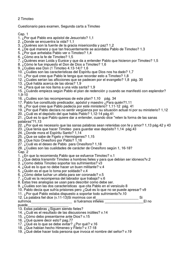 Cuestionario sobre 2 Timoteo | PDF | Contenido del Nuevo Testamento ...