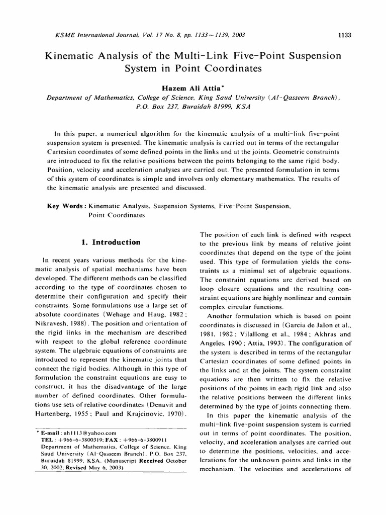 KSME Journal Kinematic analysis of a multilink suspension system PDF Kinematics Velocity
