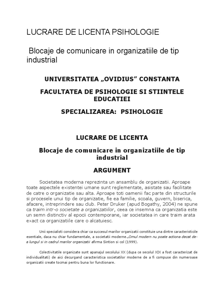 Lucrare De Licenta Psihologie Lucrare Licenta PSIHOLOGIE | PDF