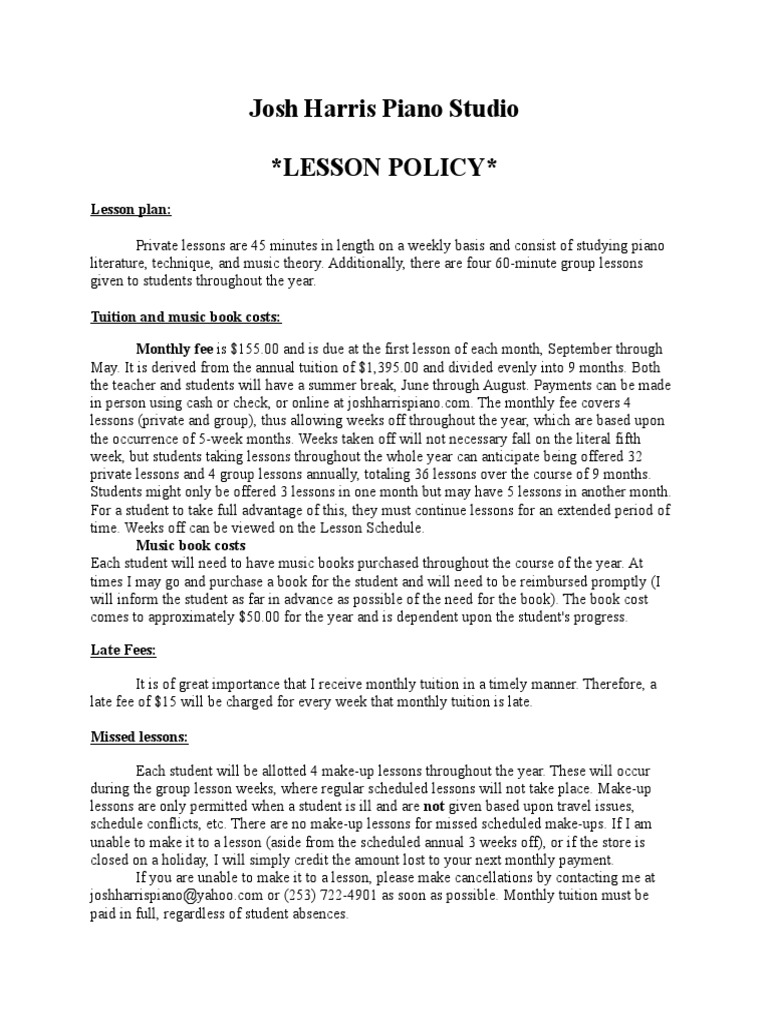 Josh Harris Piano Studio Lesson Policy | PDF | Homework | Behavior ...