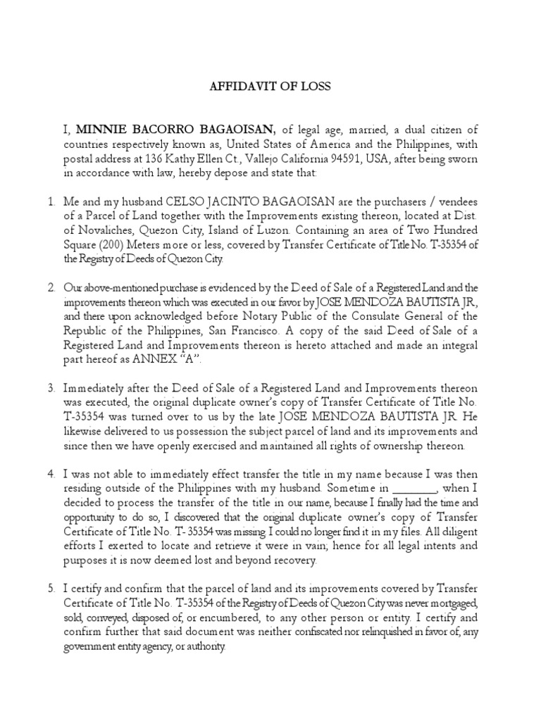 Affidavit of Loss PDF Notary Public Affidavit